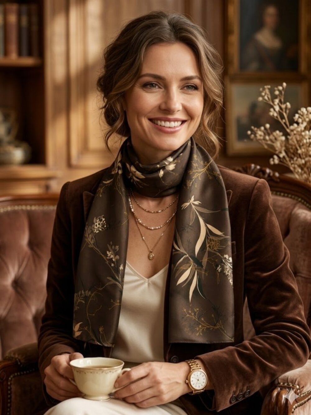 Artist Inspired Satin Scarf Brown Cream Olive Double Layer NWOT